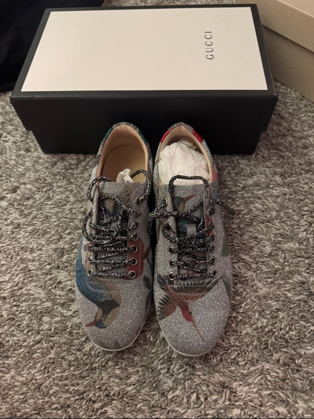 Gucci Silver Glitter Low-Top Sneakers with Multicolor Bird Motif